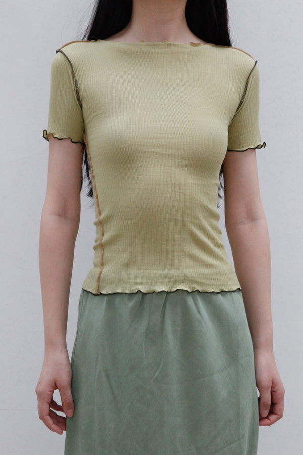 BASERANGE France organic cotton ruffled textured T-shirt BAS-TTVN-RB-AU23-HUILV gray green